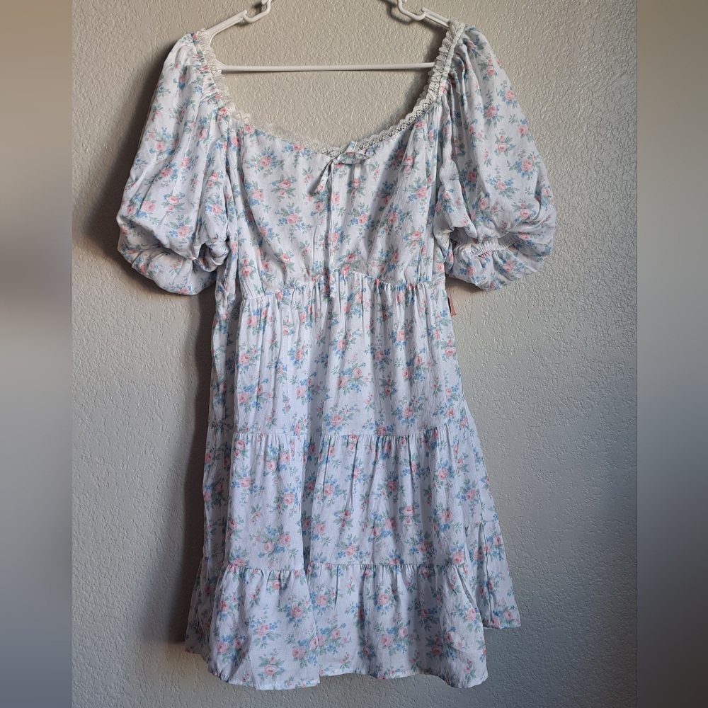 Arula White Pastel Floral Cottagecore Coquette Puff Sleeve Mini Dress 0X NWT